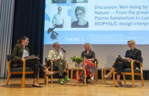 Live discussion “Well-being by the Nature – From the groundbreaking Paimio Sanatorium to current Biophilic design interpretations” was held on 24.5. with moderator, designer and Brand manager, Design Helsinki Hanna Laikola (left), Henna Helander, President of Finnish Association of Architects, SAFA and CEO of the Paimio Sanatorium Foundation, interior designer Anna Tiula from Helsinki Interiors, and Kari-Otso Nevaluoma, editor-in-chief of Avotakka magazine. Photo Maija Holma, Alvar Aalto Foundation.